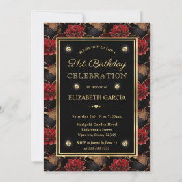 Invitación Mármol Rojo Negro y Dorado Floral Cumpleaños 21