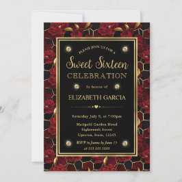 Invitación Mármol Rojo Negro y Dorado Floral Dulces Dieciséis