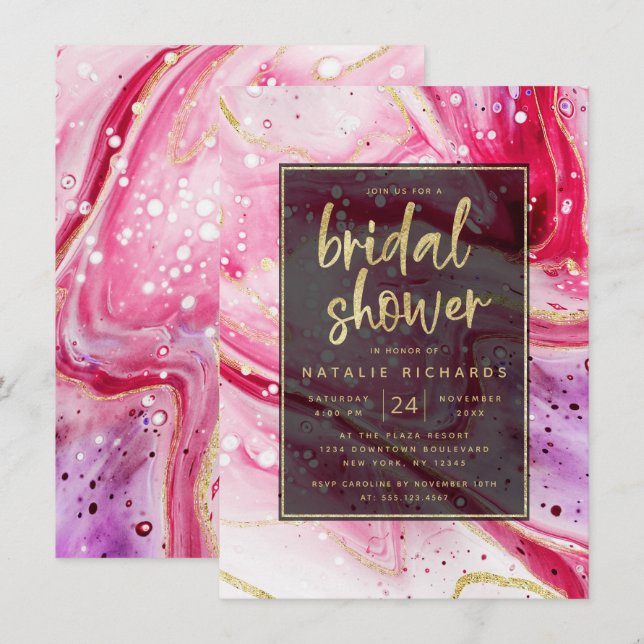 Invitación Mármol rojo salpicado de tinta con ducha de novia  (Anverso / Reverso)