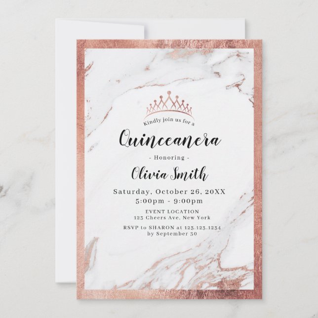 Invitación Mármol rosa de oro moderno Quinceanera (Anverso)