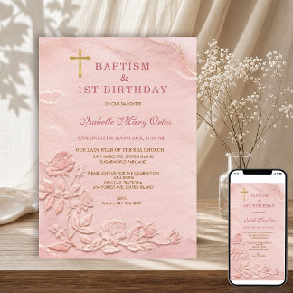 Invitación Mármol Rosa Dorado Falso Relieve Bautizo Cumpleaño
