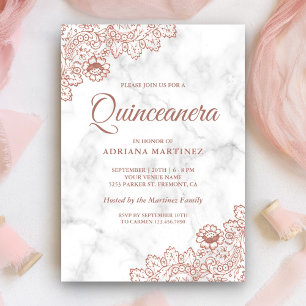 Invitación Mármol Rosa Dorado Vintage de Campo Encaje Quincea