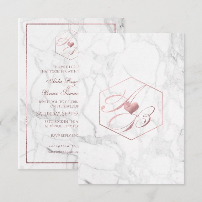Invitación Mármol, Rosa falso de oro Monogramas de escritura (Anverso / Reverso)
