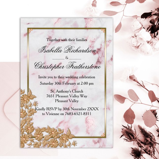 Invitación Mármol rosa y Boda de Perlas de Oro (Subido por el creador)