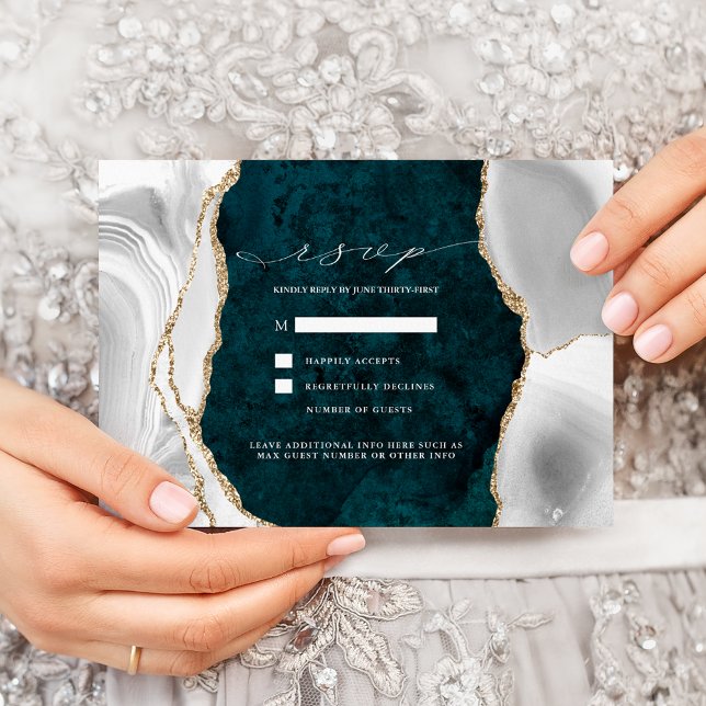 Invitación Mármol Teal, Agata Blanca y Dorada RSVP de Boda (Subido por el creador)