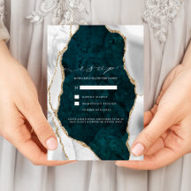Mármol Teal, RSVP de boda de ágata blanca y dorada