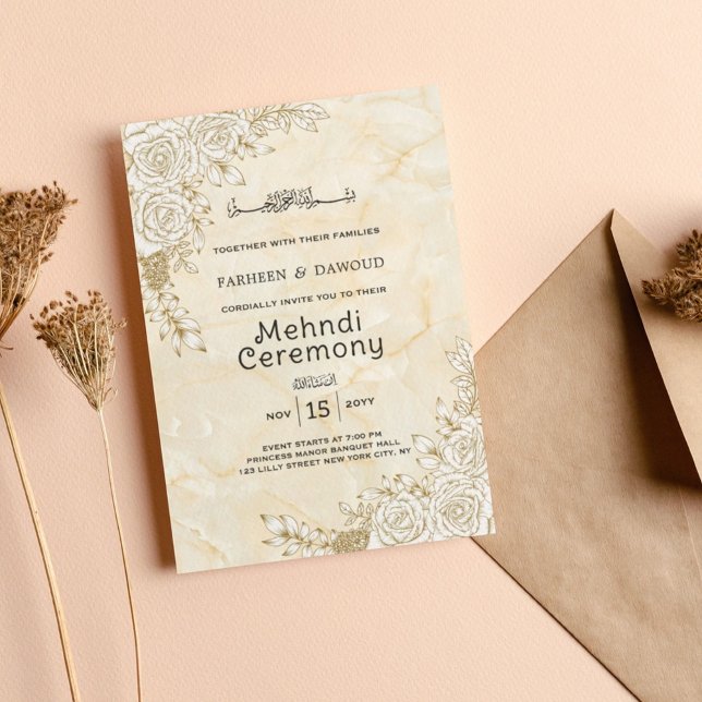 Invitación Mármol Textura Floral Lace Musulmana Ceremonia Meh (Subido por el creador)