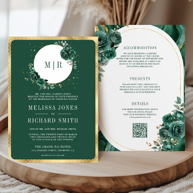 Invitación Mármol verde esmeralda de flores en un solo Boda (Subido por el creador)