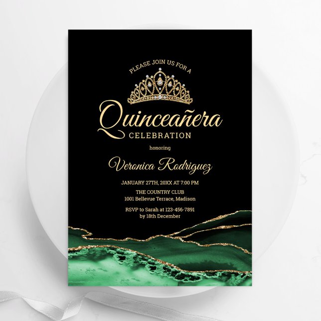 Invitación Mármol verde negro de la ágata del oro Quinceanera (Subido por el creador)