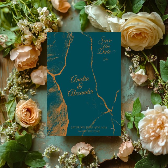 Invitación Mármol verde y cobre de medianoche salvan la fecha (Subido por el creador)
