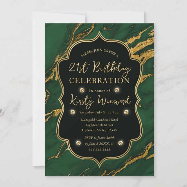 Invitación Mármol Verde y Oro Otoño otoño 21º cumpleaños (Anverso)