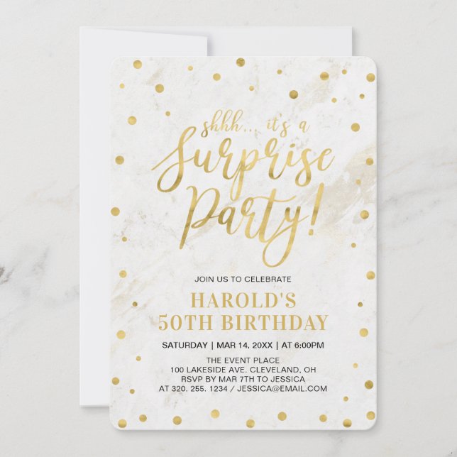 Invitación Mármol y Oro | Fiesta de Cumpleaños Sorpresa para  (Anverso)
