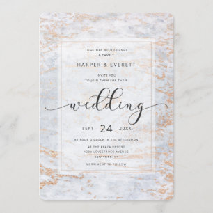 Invitación Mármoles modernos en azul turbio con Boda de cobre