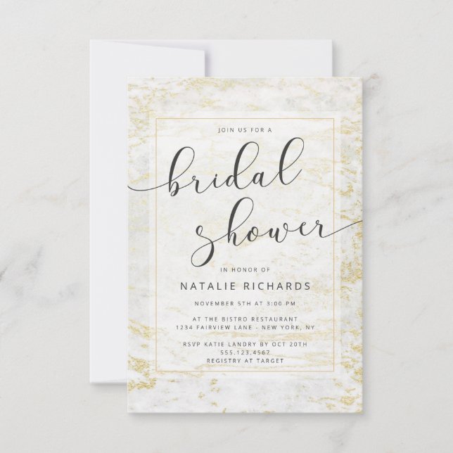 Invitación Mármoles modernos en blanco con ducha de novias de (Anverso)