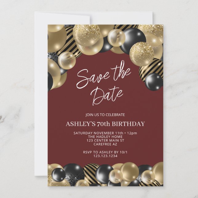 Invitación Maroon and Gold 70th Birthday (Anverso)