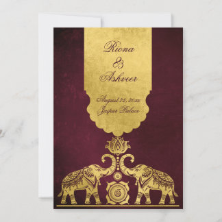 Invitación Maroon and gold elephants luxury Indian wedding 