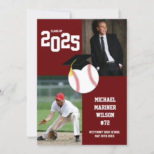 Invitación Maroon blanco de graduación deportiva de béisbol