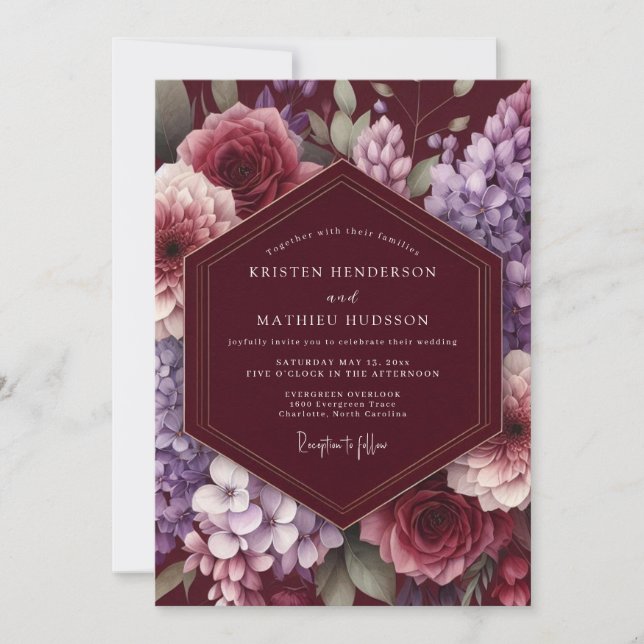 Invitación Maroon Bloom Enchantment Wedding (Anverso)