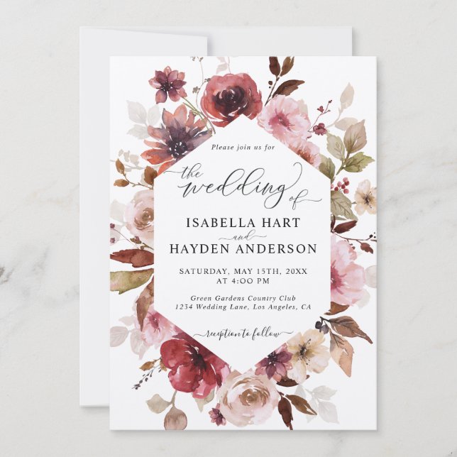 Invitación Maroon Brown Rubor Pink All In 1 QR Code Boda (Anverso)