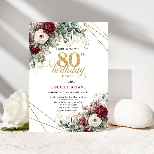 Invitación Maroon Burgundy Flowers 80th Birthday (Maroon Burgundy Flowers 80th Birthday)