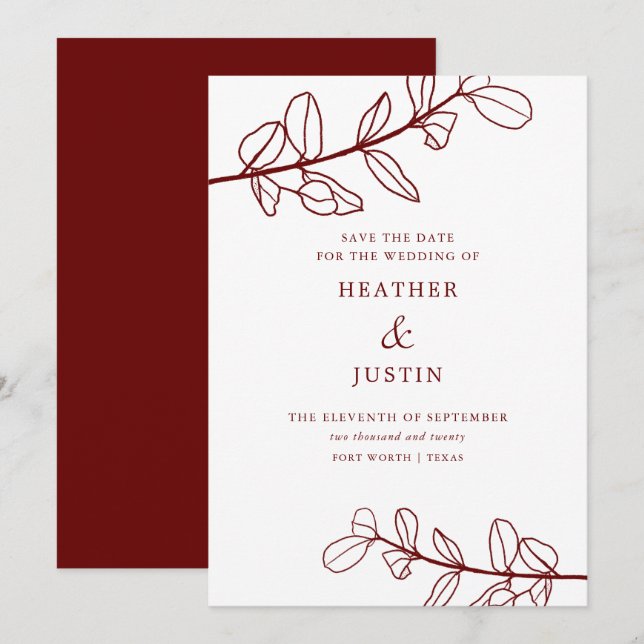 Invitación Maroon Burgundy Foliage moderno salva la fecha (Anverso / Reverso)
