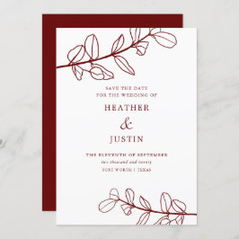 Invitación Maroon Burgundy Foliage moderno salva la fecha
