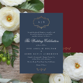 Invitación maroon burgundy marina azul blanco boda clásico