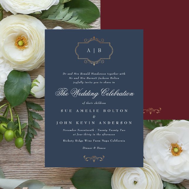 Invitación maroon burgundy marina azul blanco boda clásico (Subido por el creador)