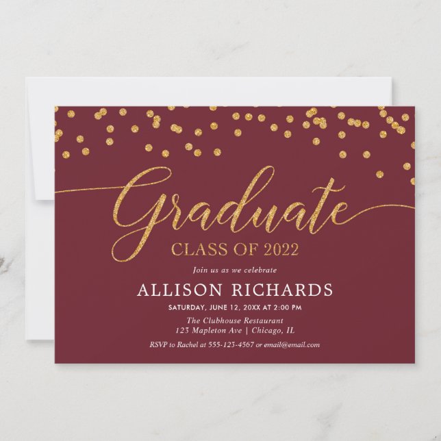 Invitación Maroon burgundy oro elegante graduación 2022 (Anverso)