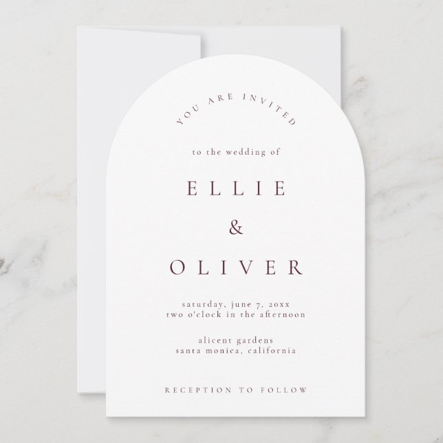 Invitación Maroon Burgundy & White Boho Arch Modern Wedding (Anverso)
