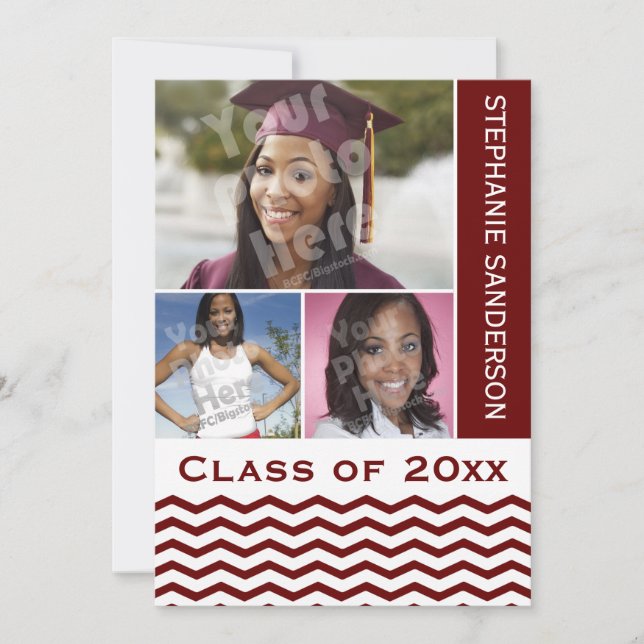Invitación Maroon Chevron Graduación 3 Foto (Anverso)