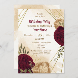 Invitación Maroon color beige dorado cumpleaños botánico