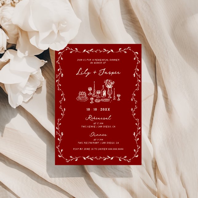 Invitación Maroon Cream Hand Drawn Rehearsal Dinner (Subido por el creador)