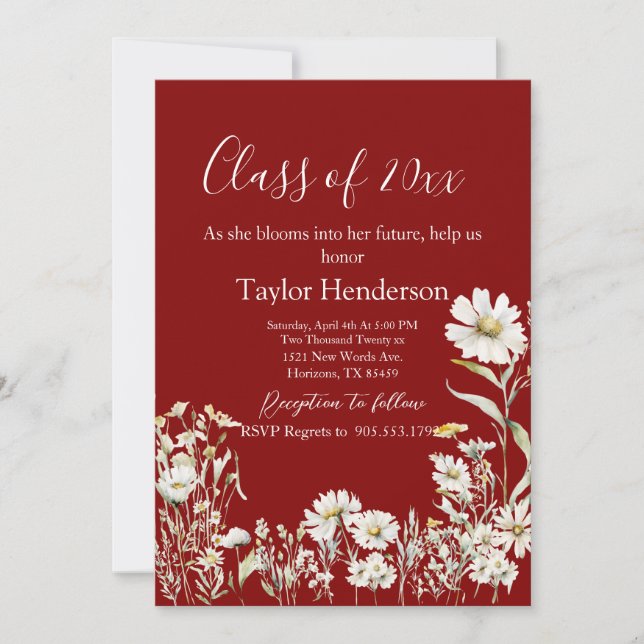 Invitación Maroon & Daisy Photo Greenery Graduation (Anverso)