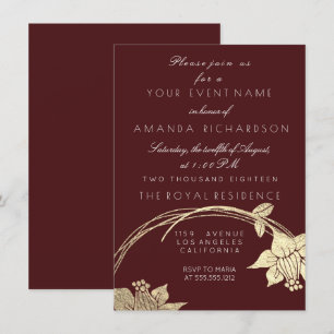 Invitación Maroon de Borgoña Champaign Wreath floral de oro