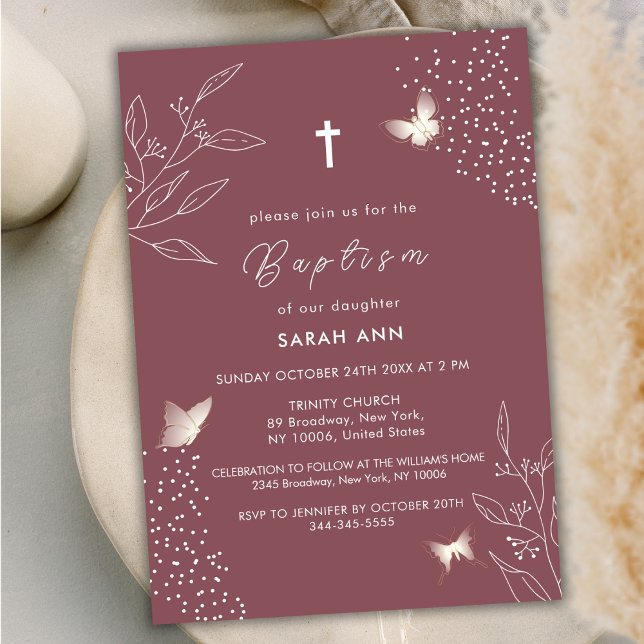 Invitación Maroon Elegance Sale Mariposa Cruz Baptismo (Maroon Elegant Leave Butterfly Cross Baptism Invitation)