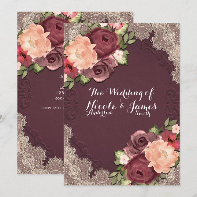 Invitación Maroon Elegant Lace & Floral Modern Moda Boda (Anverso / Reverso)