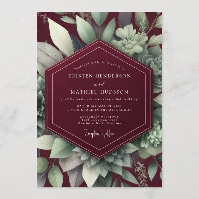 Invitación Maroon Elegant Succulent Wedding (Anverso)