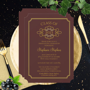 Invitación Maroon elegante Fiesta de graduación de Gold Col