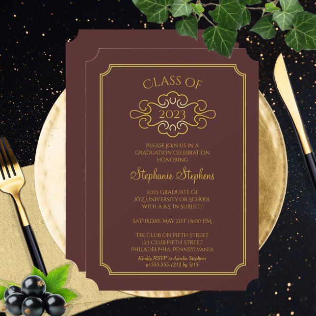 Invitación Maroon elegante | Fiesta de graduación de Gold Col (Subido por el creador)