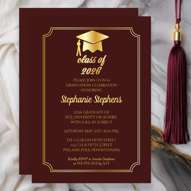 Invitación Maroon elegante | Fiesta de Graduación del Gold Ca (Class of 2026 Elegant Maroon Gold College Graduation Party)