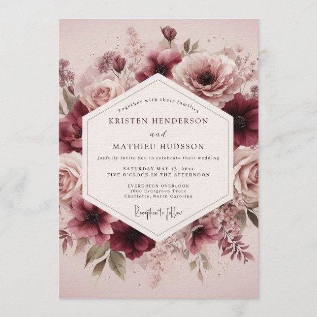 Invitación Maroon Ethereal Bloom Wedding (Anverso)