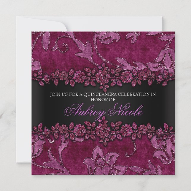 Invitación Maroon Faux Purpurina & Velvet Floral Quinceanera (Anverso)