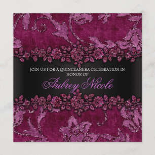 Invitación Maroon Faux Purpurina & Velvet Floral Quinceanera