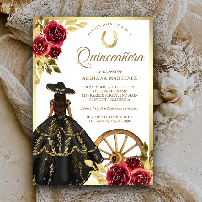 Invitación Maroon Floral Negro Vestido Charro Oro Quinceanera (Subido por el creador)