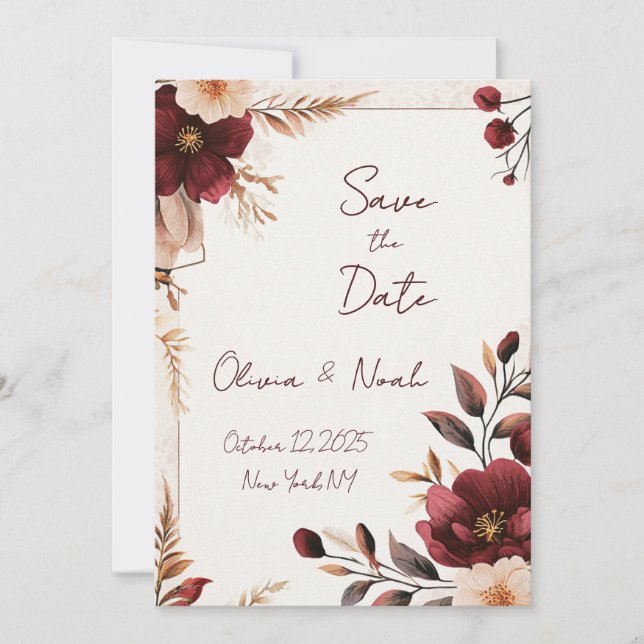 Invitación Maroon Floral Save the Date (Anverso)