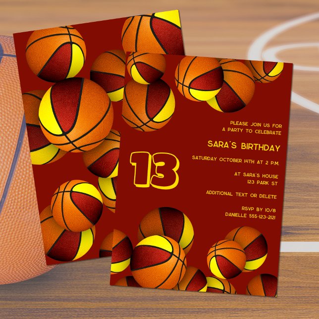 Invitación maroon gold basketball niños cumpleaños deportivo (front and back views)