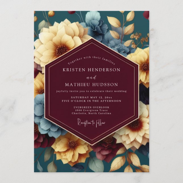 Invitación Maroon & Gold Opulent Floral Wedding (Anverso)