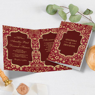Invitación Maroon Gold Paisley estilo Bollywood Boda indio