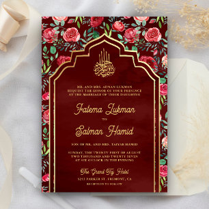 Invitación Maroon Gold Red Roses Floral Muslim Boda